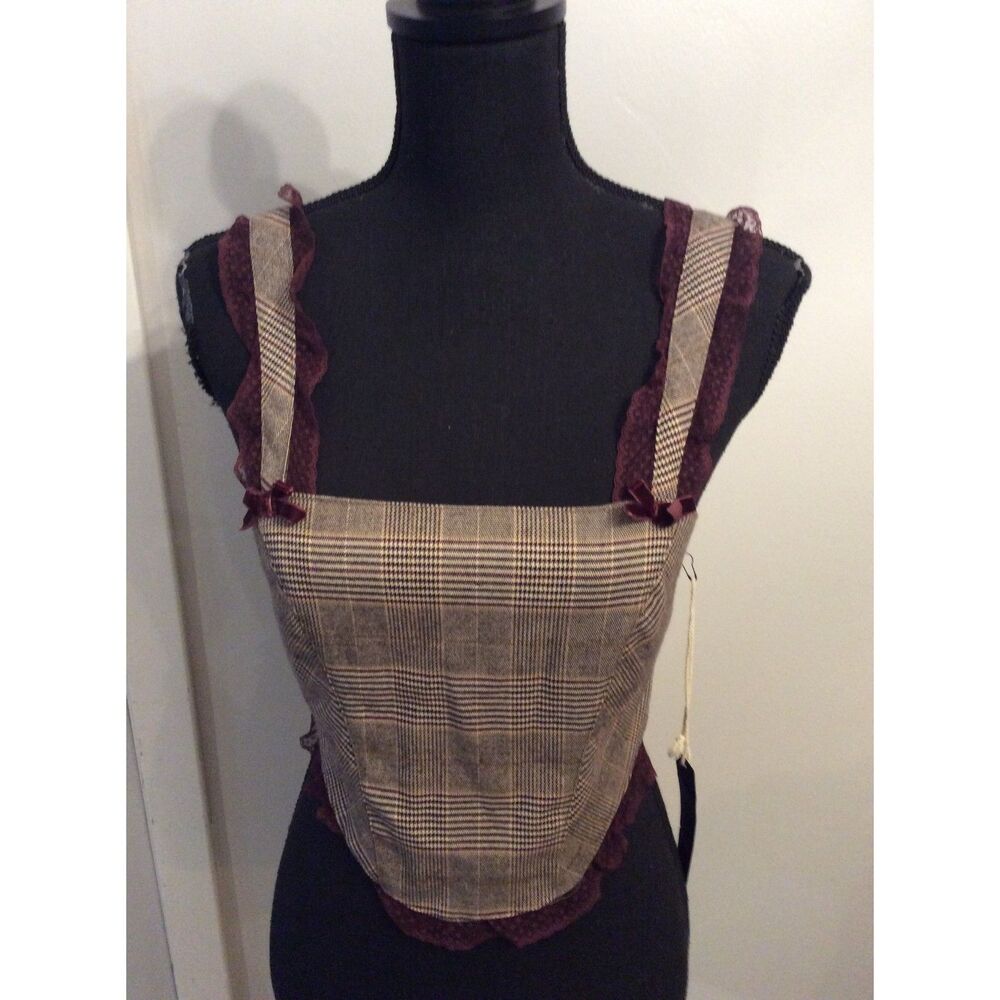 New NWT Tillys West of Melrose Plaid Smocked Corset Crop Top Lace Small